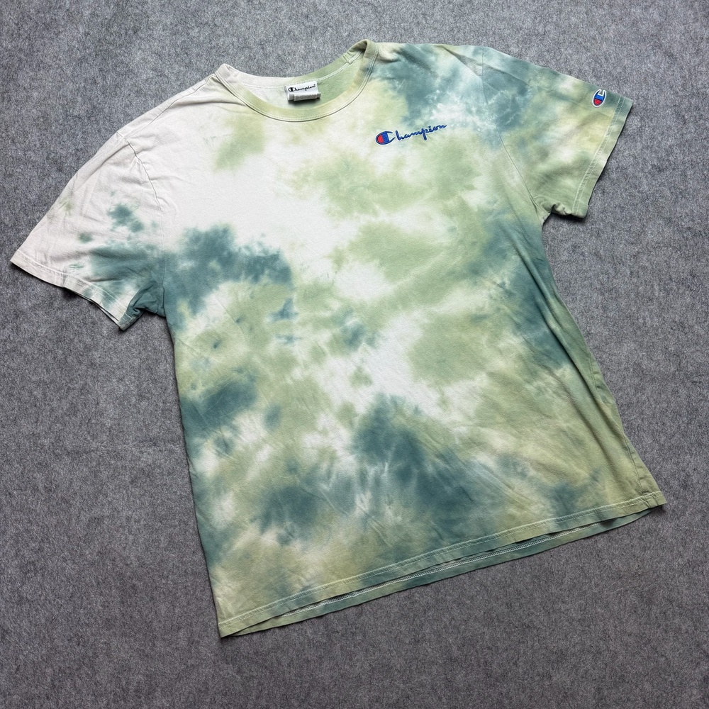 Champion Shirt Mens Large Green Tie Dye Script Logo Graphic Tee Streetwear